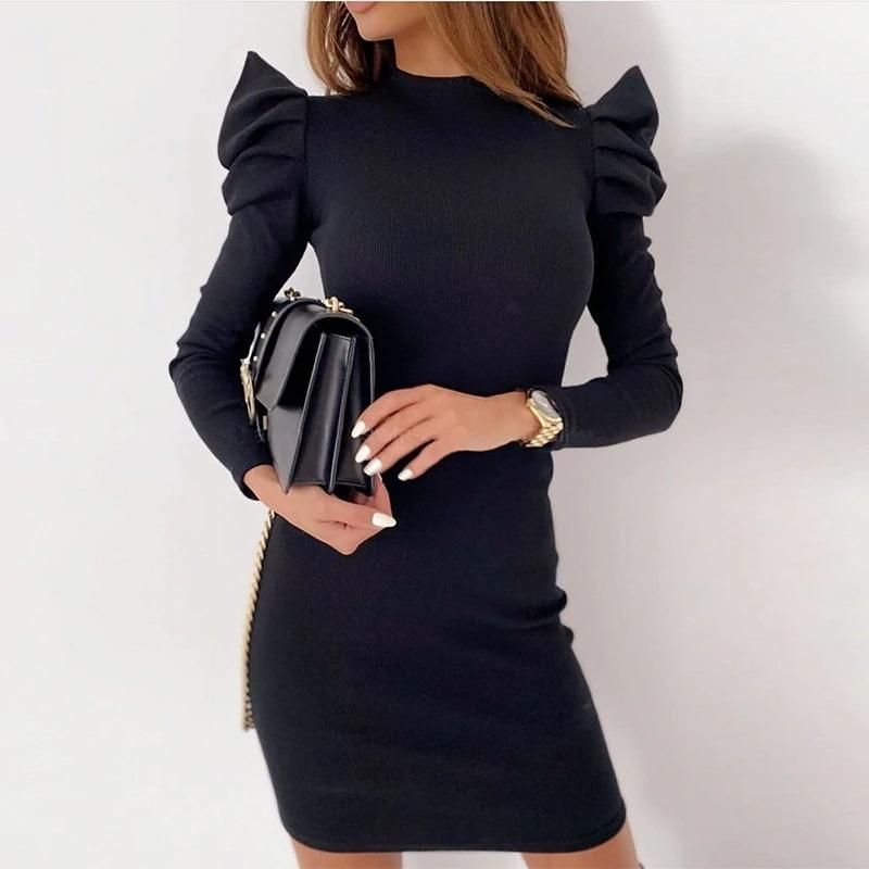 Mock Neck Puff Long Sleeve Ribbed Bodycon Mini Dress