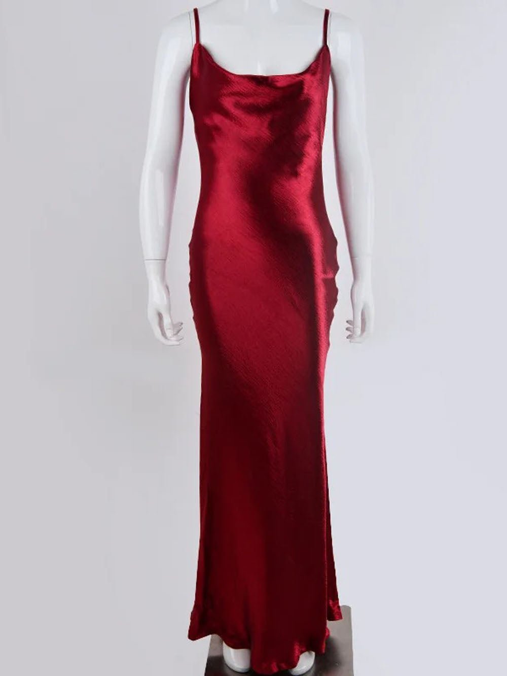 Satin Cowl Neck Spaghetti Strap Halter Backless Column Maxi Gown 9