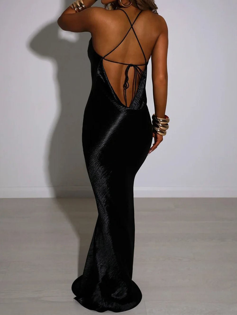Satin Cowl Neck Spaghetti Strap Halter Backless Column Maxi Gown 2