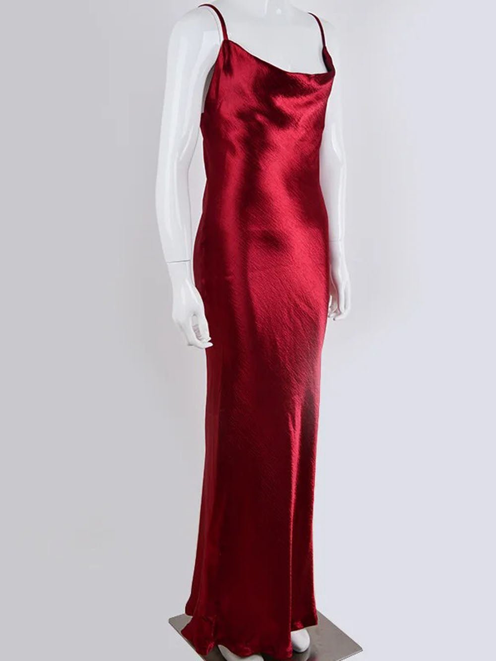 Satin Cowl Neck Spaghetti Strap Halter Backless Column Maxi Gown 11