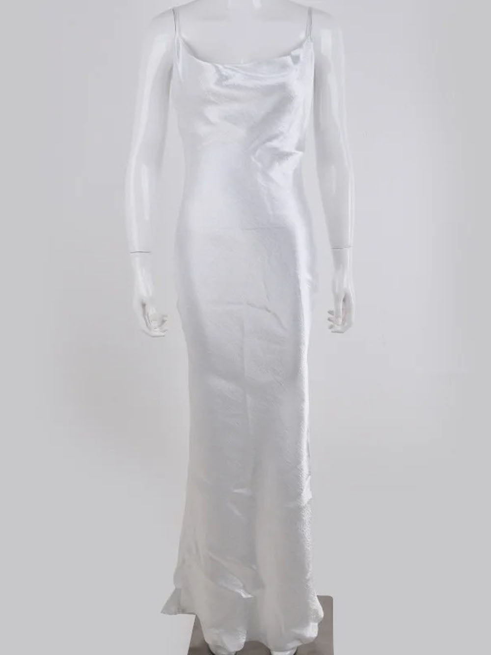 Satin Cowl Neck Spaghetti Strap Halter Backless Column Maxi Gown 12