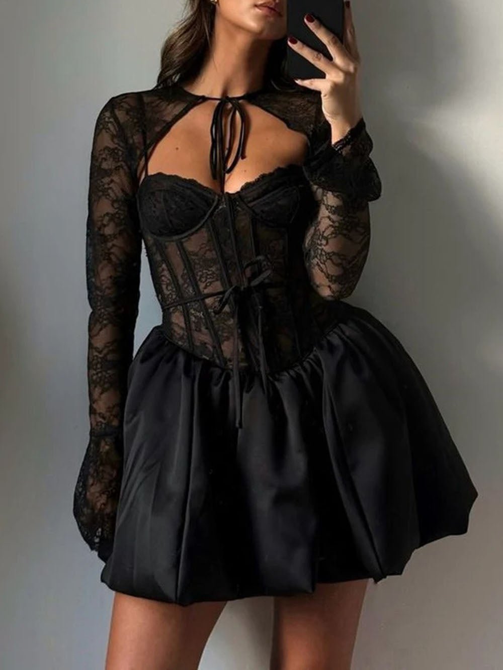 Black Lace Corset Tie Neck Bolero Bubble Hem Three Piece Set 4