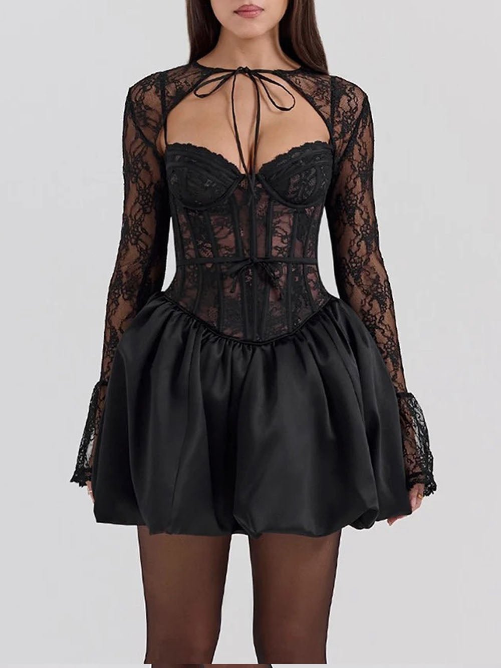 Black Lace Corset Tie Neck Bolero Bubble Hem Three Piece Set 2