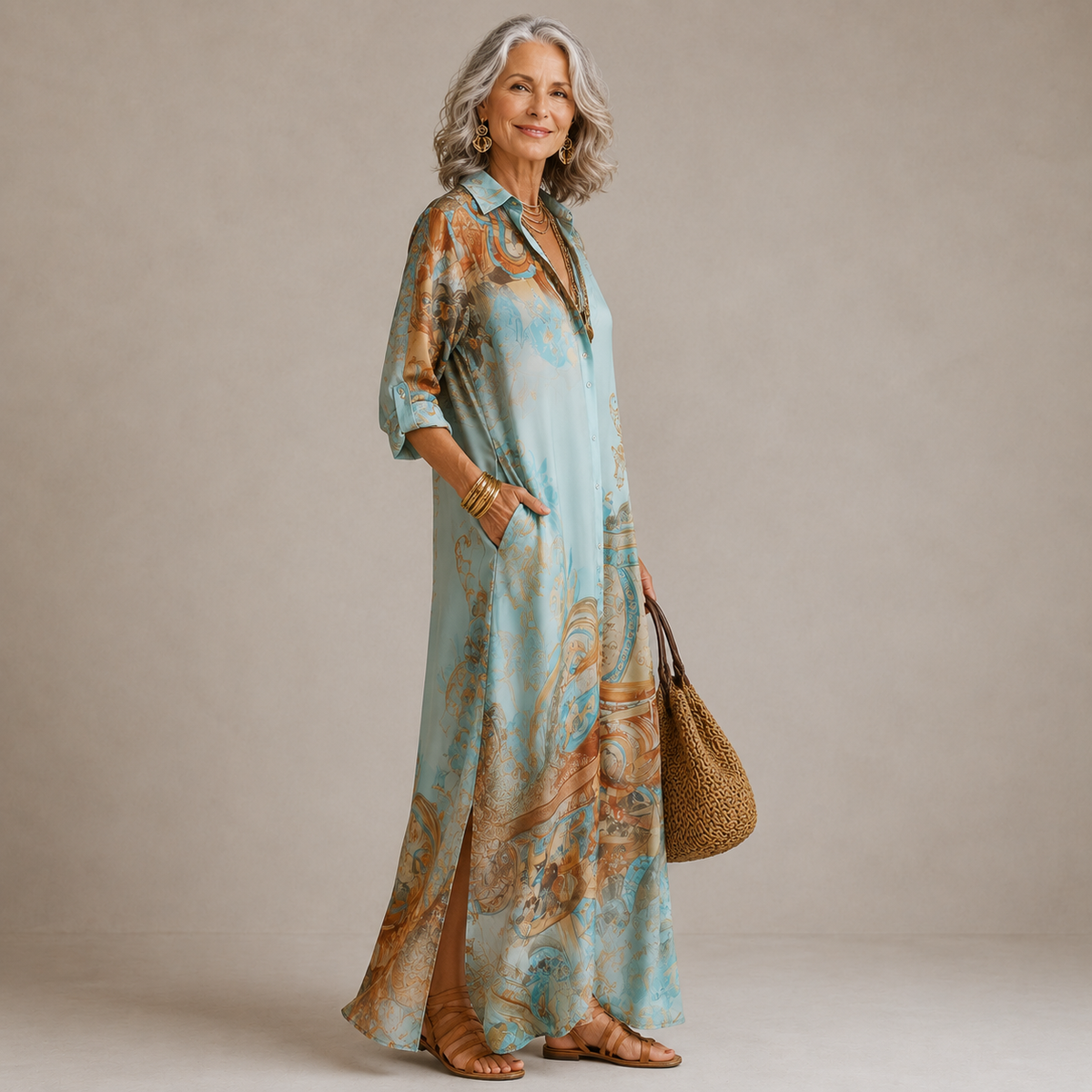 Collared Button Front Long Sleeve Baroque Print Satin Maxi Shirt Dress 2