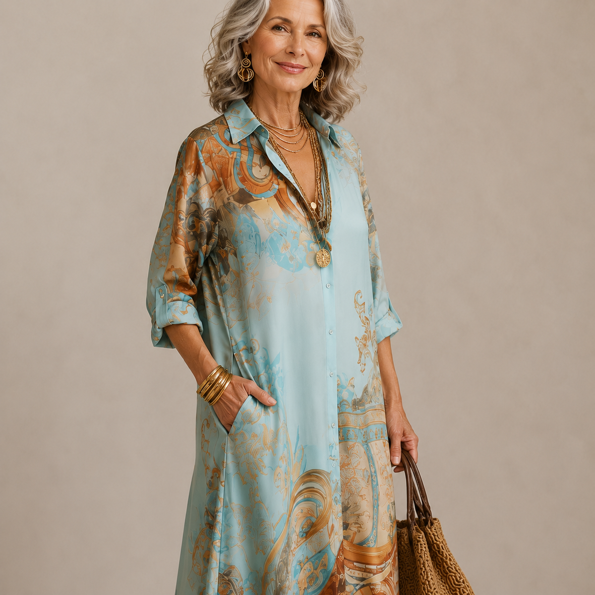 Collared Button Front Baroque Satin Roll-Tab Sleeve Shirt Maxi Dress