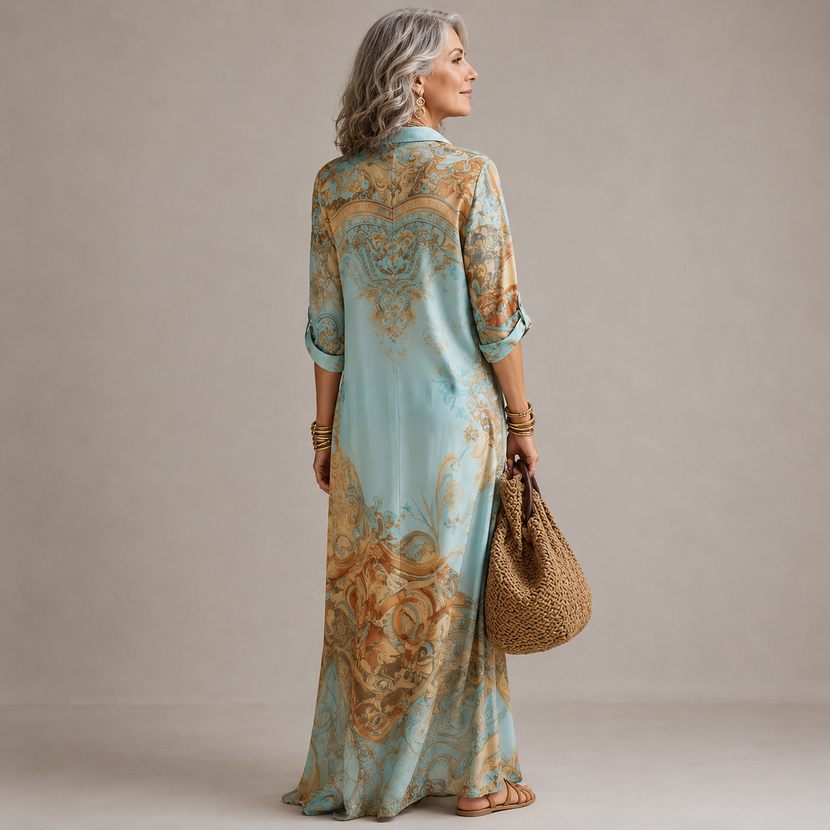 Collared Button Front Long Sleeve Baroque Print Satin Maxi Shirt Dress 4
