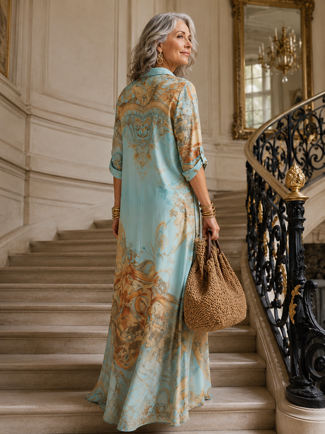 Collared Button Front Baroque Satin Roll-Tab Sleeve Shirt Maxi Dress