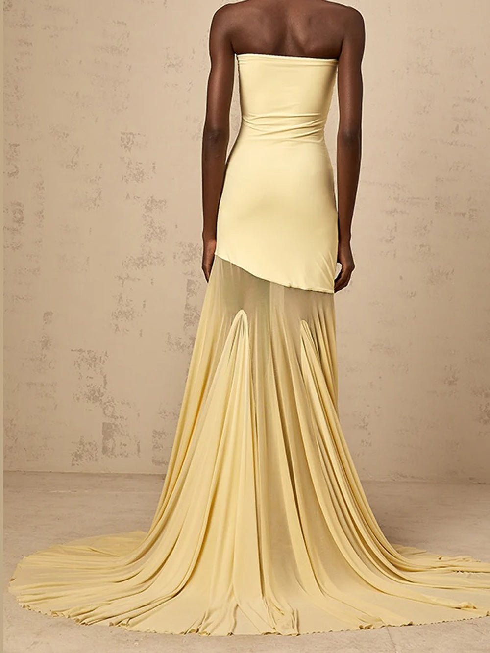 Yellow Strapless Bodycon Mesh Panel Flared Mermaid Skirt Maxi Gown 2