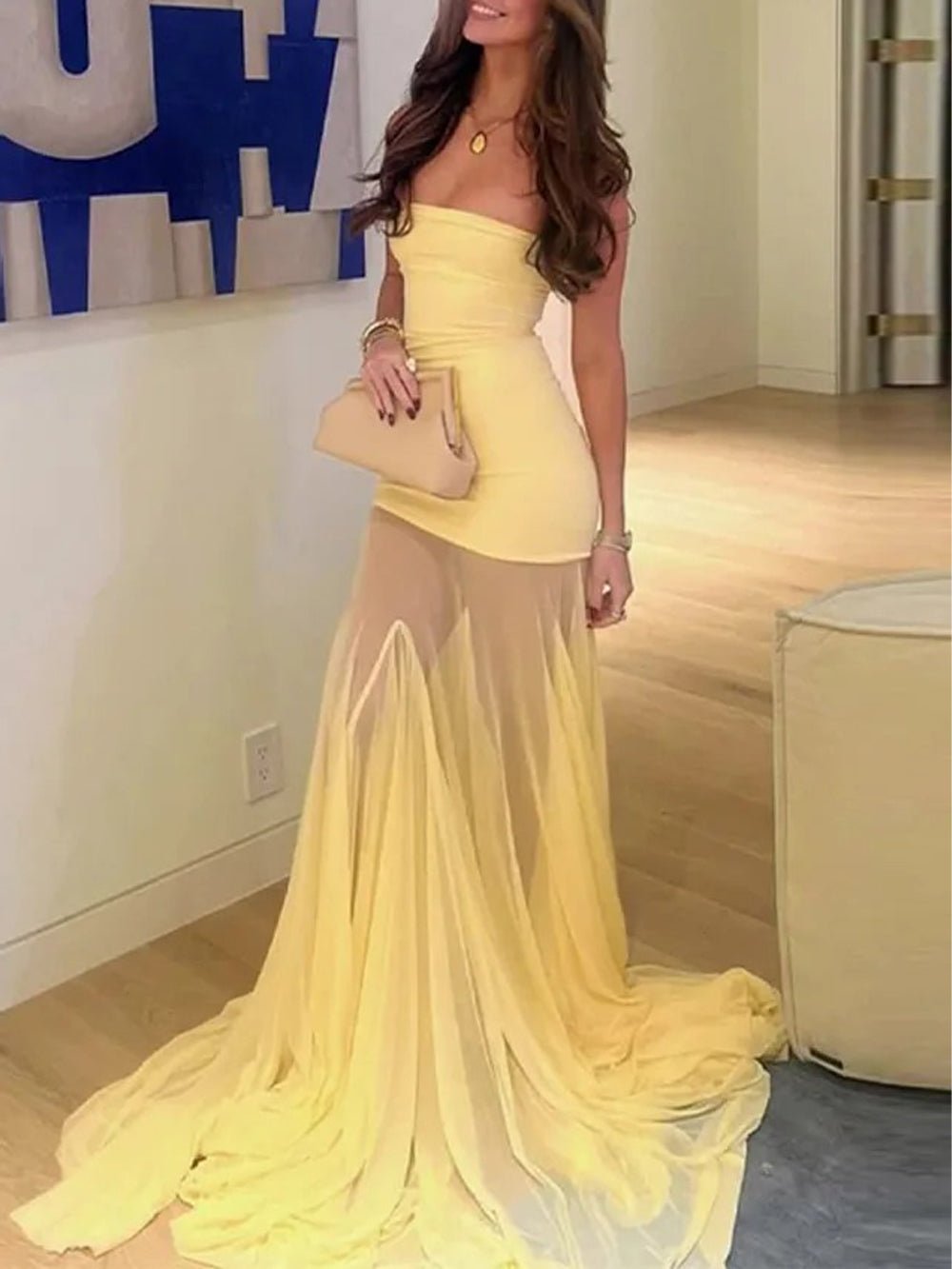 Yellow Strapless Bodycon Mesh Panel Flared Mermaid Skirt Maxi Gown 4