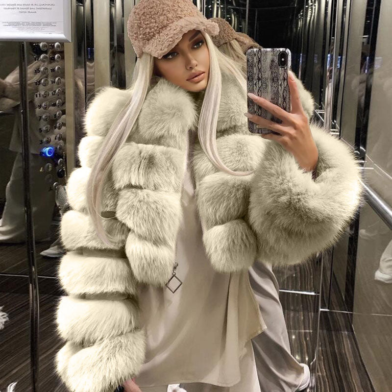 Beige Spread Collar Tiered Faux Fur Long Sleeve Cropped Coat