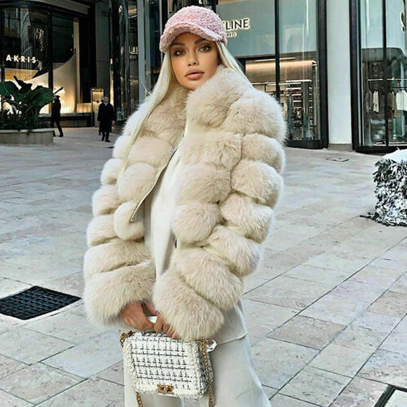 Beige Spread Collar Tiered Faux Fur Long Sleeve Cropped Coat