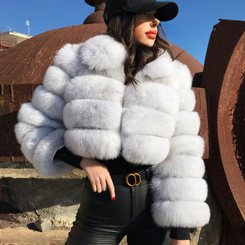 White Stand Collar Tiered Faux Fur Long Sleeve Cropped Coat