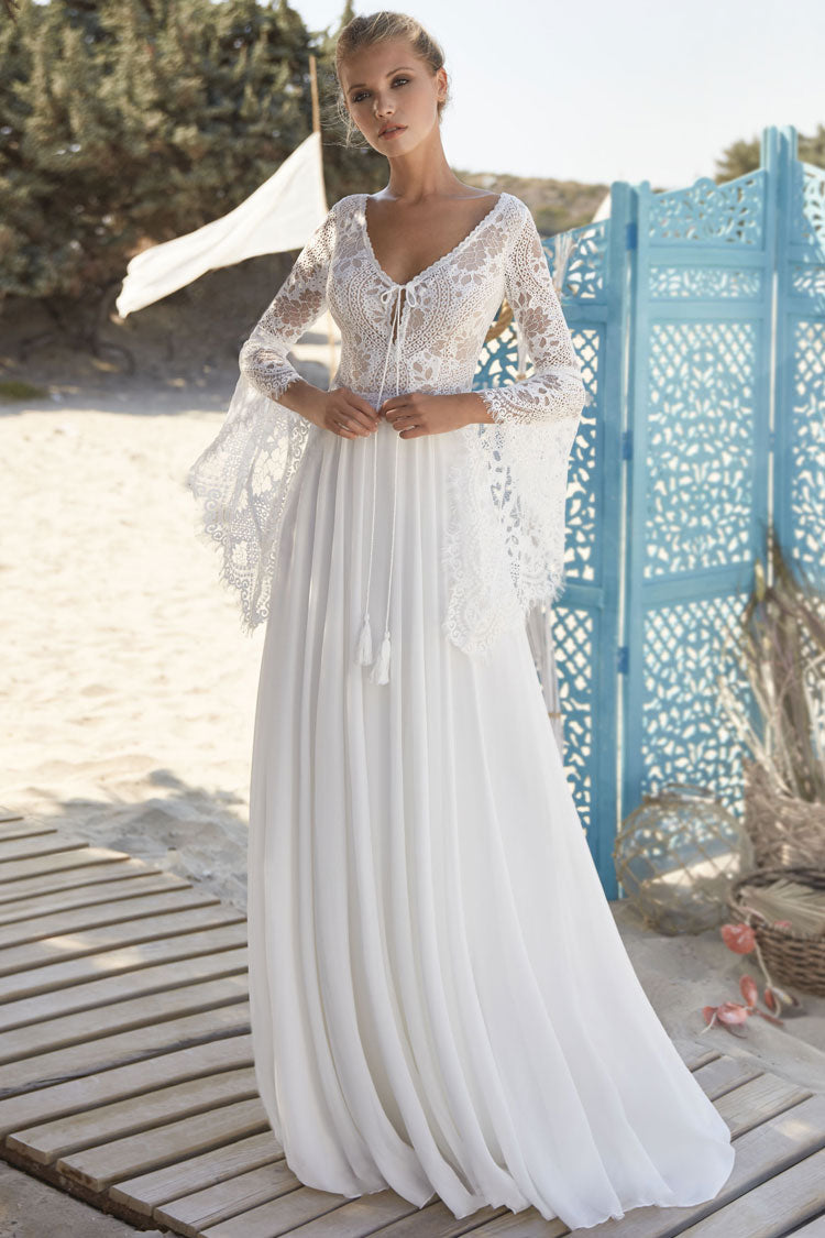 White V-Neck Bell Sleeve Lace Bodice Flowy A-Line Maxi Dress