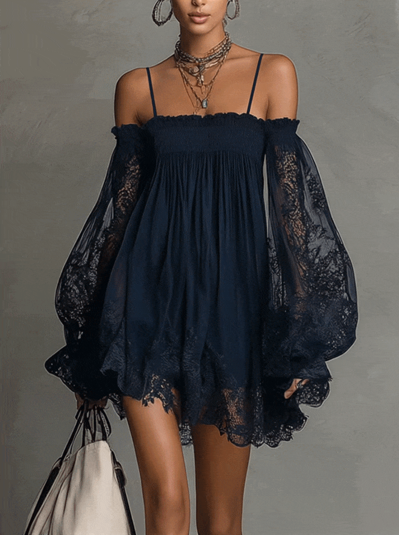 Navy Blue Off-Shoulder Smocked Lace Trim Sheer Sleeve Babydoll Mini Dress 5