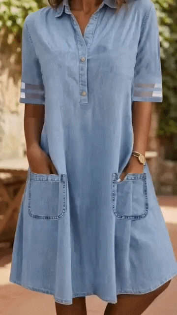 Blue Collared Denim Button Front Mesh Stripe Sleeve Shift Midi Dress 3