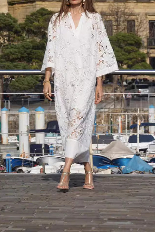Notch V-Neck Floral Guipure Lace Three Quarter Sleeve Shift Maxi Dress 14