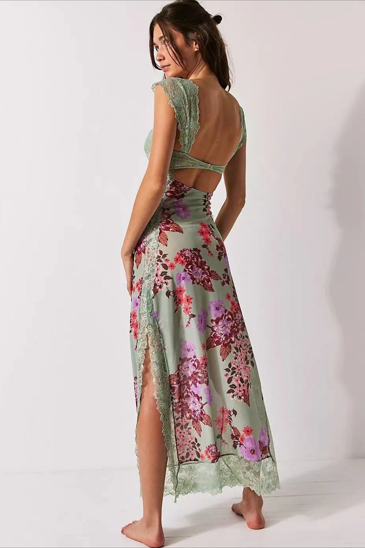 Sweetheart Lace Cap Sleeve Triangle Cutout Floral Print Bodycon Midi Dress 2