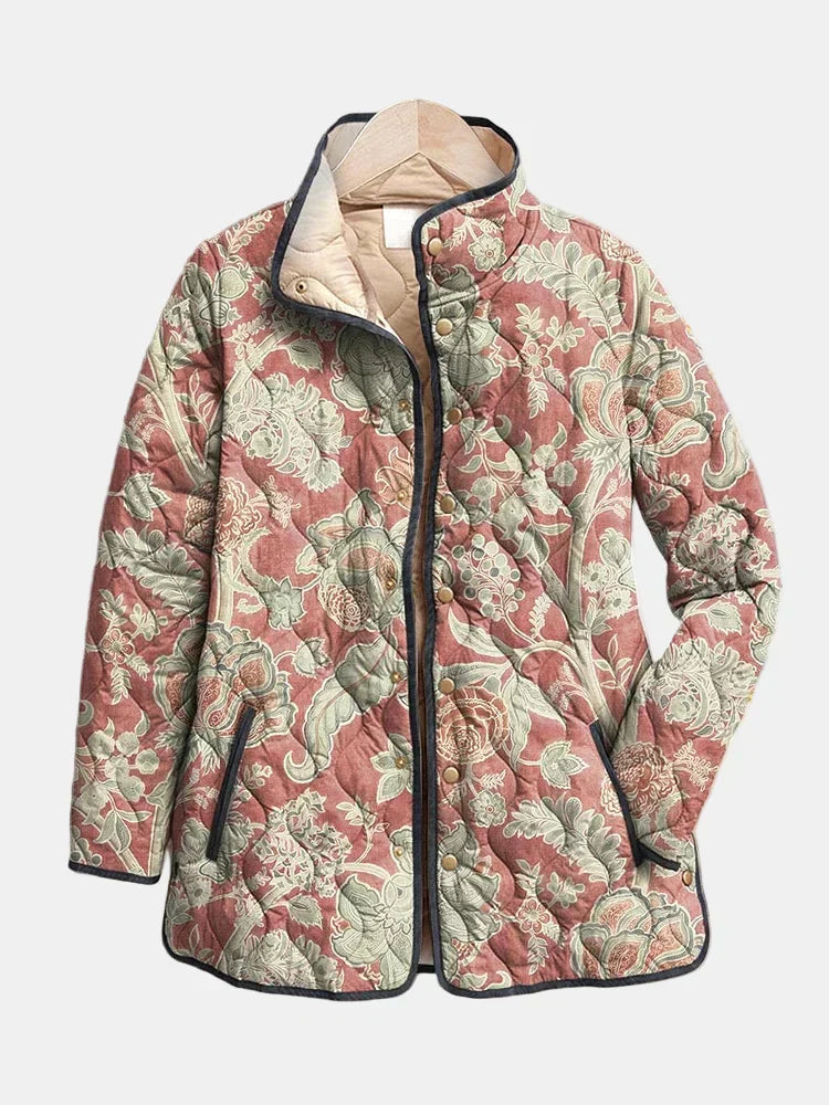 Multicolor Stand Collar Vintage Floral Print Quilted Button-Front Long Sleeve Jacket