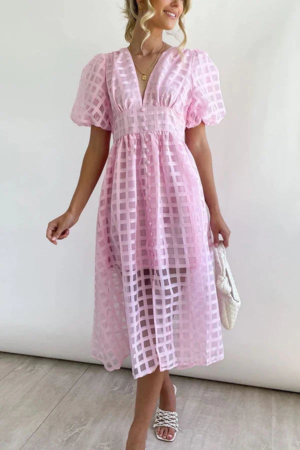 Beautiful square pattern fabric puff sleeve midi
