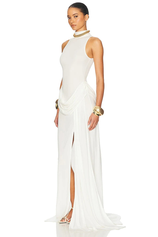 Turtleneck Off Shoulder Sleeveless Pleated Maxi Dress