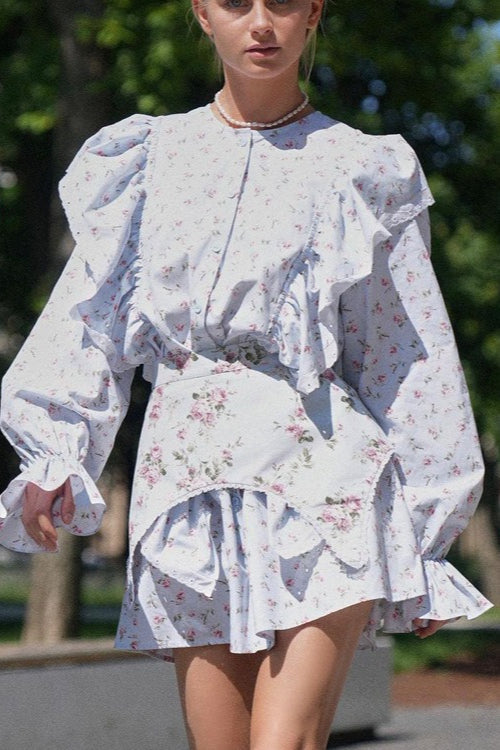 White Long Sleeve Ruffle Trim Detachable Belt Mini Floral Print Dress 3