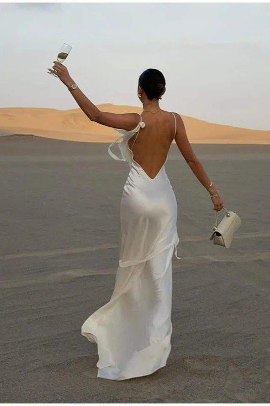 White Satin Backless Chic Party Dress