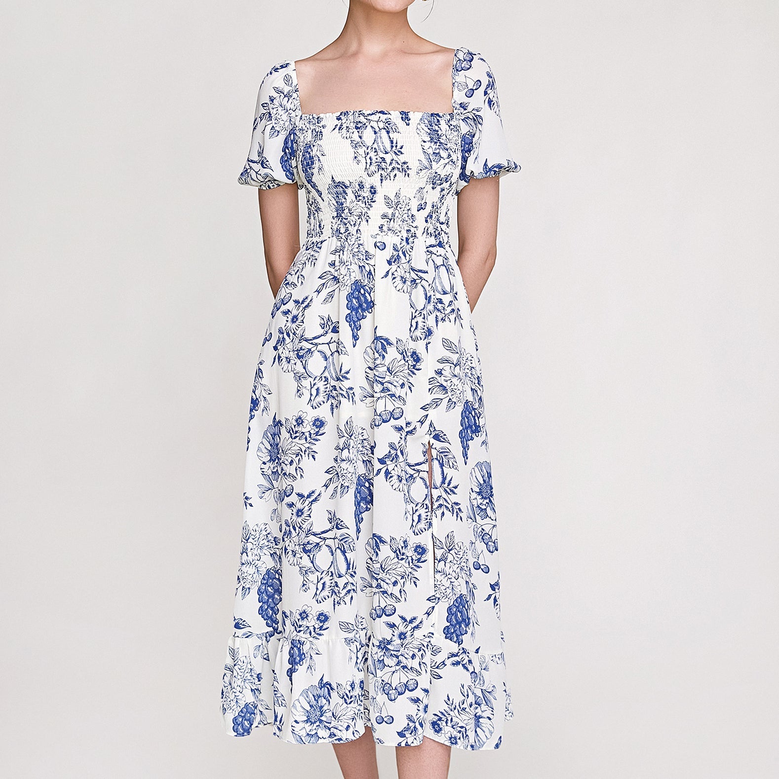 Blue Fruit Print Smocked Puff Sleeve Maxi Dress