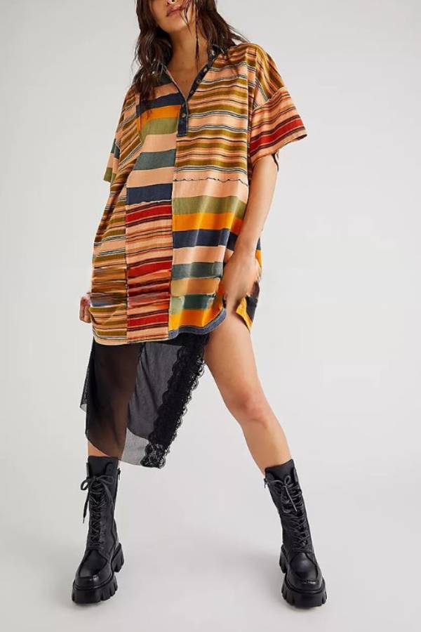 Tatiana Effortless Casual Dress with Mediumength Sleeves, Lapels and Contrasting Stripes Premium Wardrobe Essential