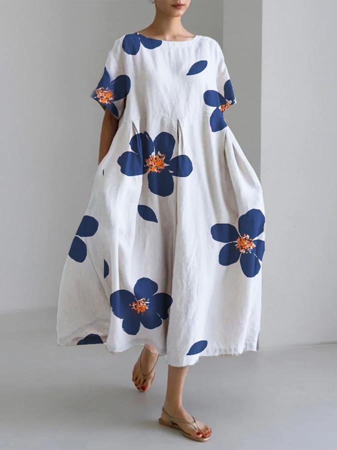 Round Neck Floral Short Sleeve Cocoon Midi Dress 3