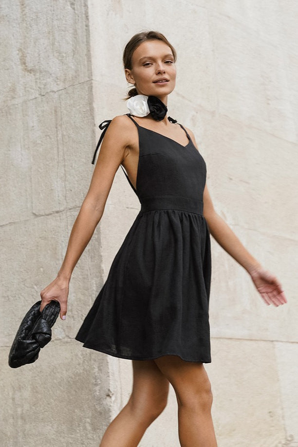 Black Linen V-Neck Cami Mini Dress