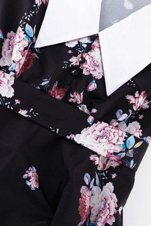 Contrast Collar Puff Sleeve Belted Ditsy Floral Print Midi Dress 10