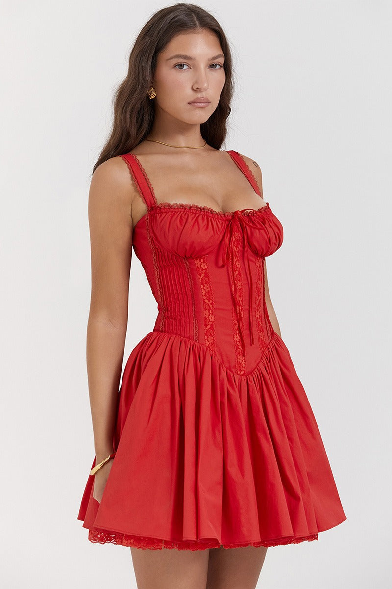 Spaghetti Strap Lace Trim Ballet Neck A-Line Mini Dress 6