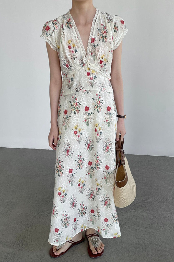 Elegant V Neck Embroidery Waist Long Floral Dress
