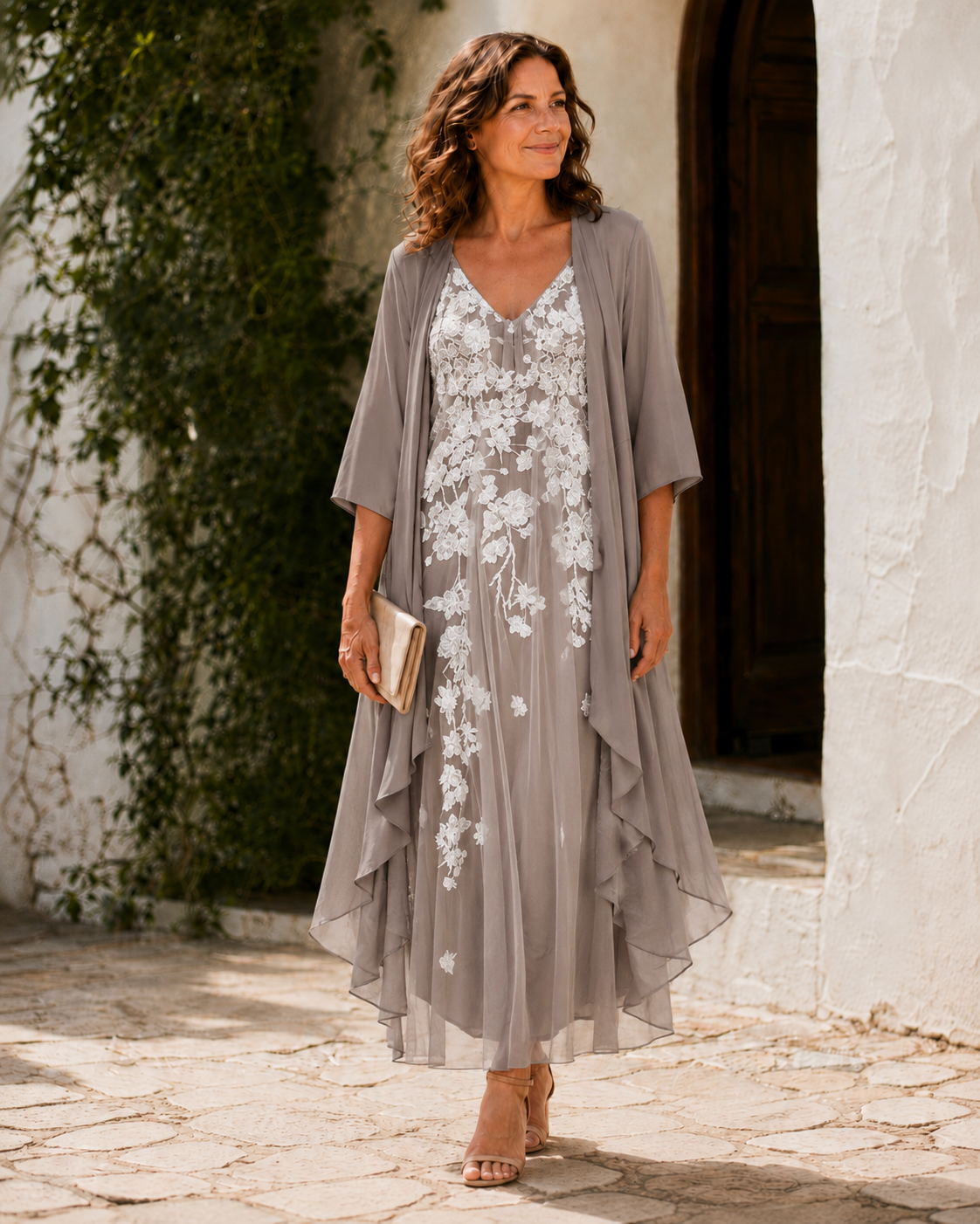V-Neck Floral Embroidered Maxi Dress with Chiffon Duster Set 4