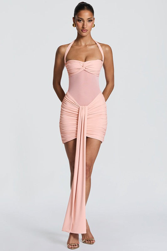 Mesh Halter Twist Knot Mini Party Dress