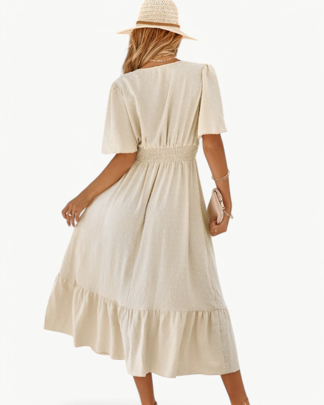 V-Neck Swiss Dot Flutter Sleeve Ruched Waist Tiered Midi Dress 5