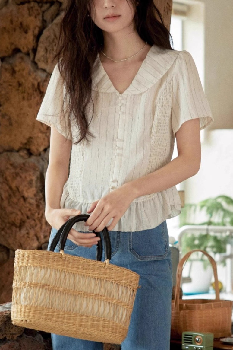 Linen Stripe V Neck Tie Waist Blouse