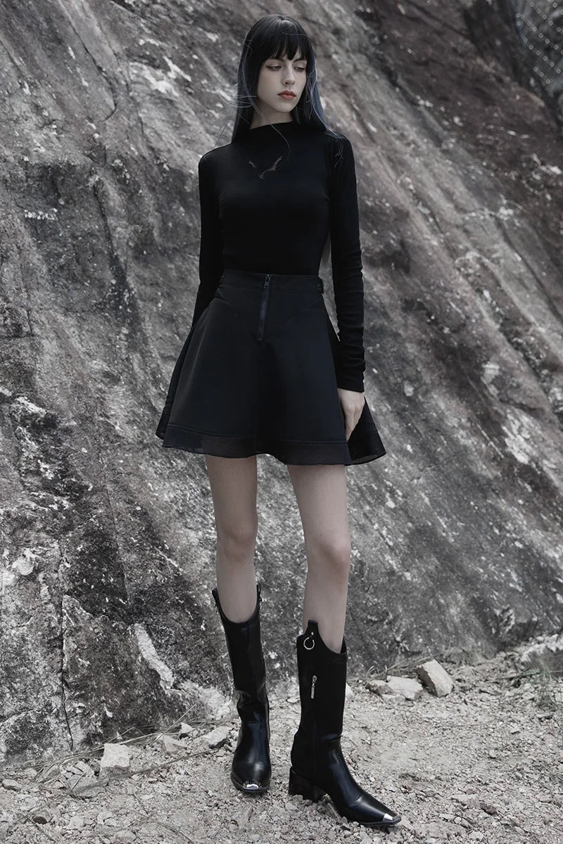 Women's Largehole Mesh Stitching Sunhem Twill Chiffon Gothic Daily Black Women Mini Skirt