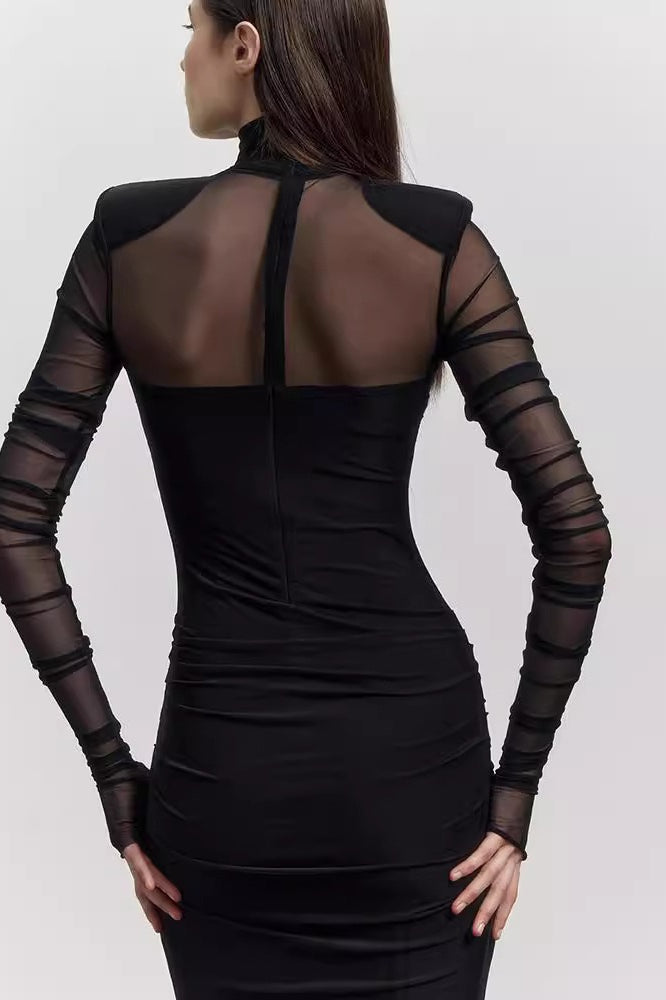Mesh Panel Turtleneck Bodycon Midi Dress
