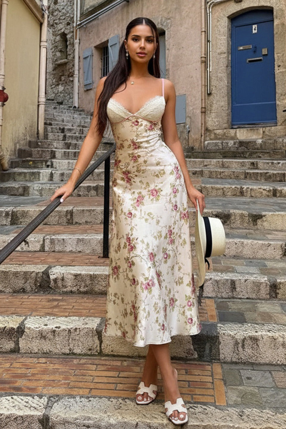 Lace Satin Panel V Neck Floral A Line Maxi Slip Dress