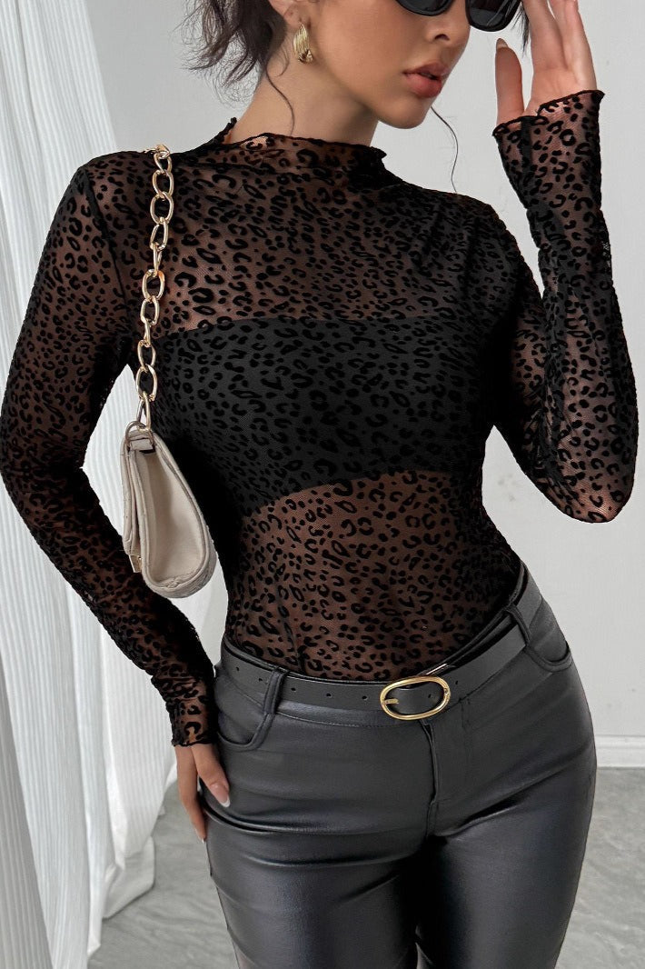 Turtleneck Slim-Fit Mesh Long-Sleeve Blouse