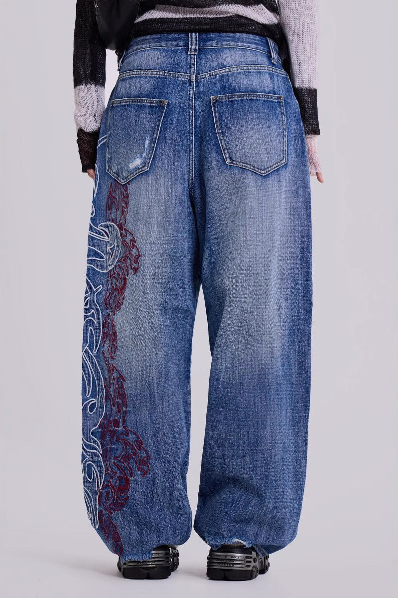 Y2K Embroidered Wide Jeans