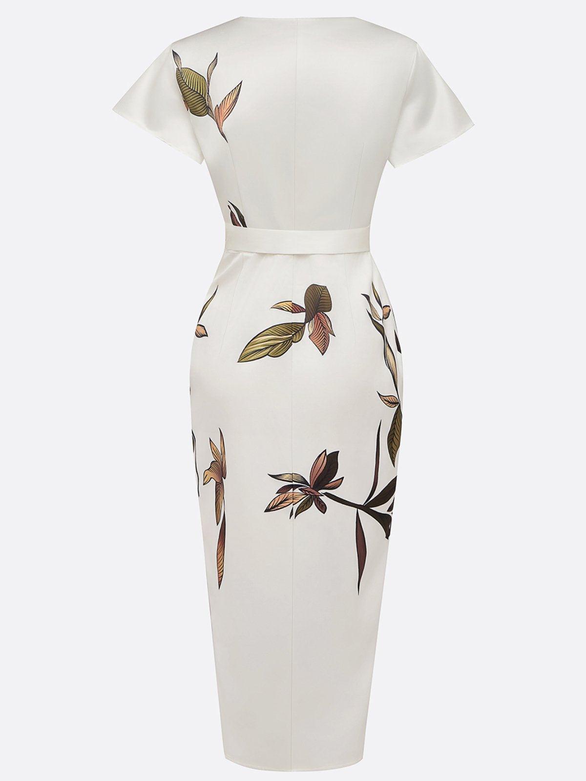 V-Neck Short Sleeve Leaf Print Tie Waist Wrap Midi Dress