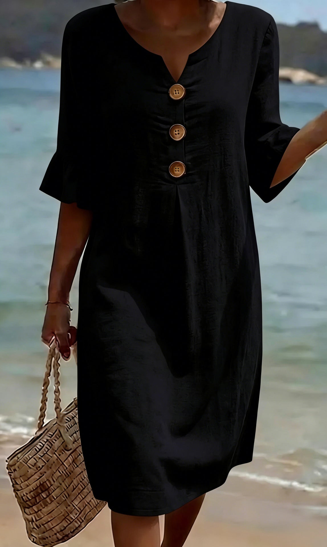 Notch Neck Button Ruffle Sleeve Floral Print Shift Midi Dress