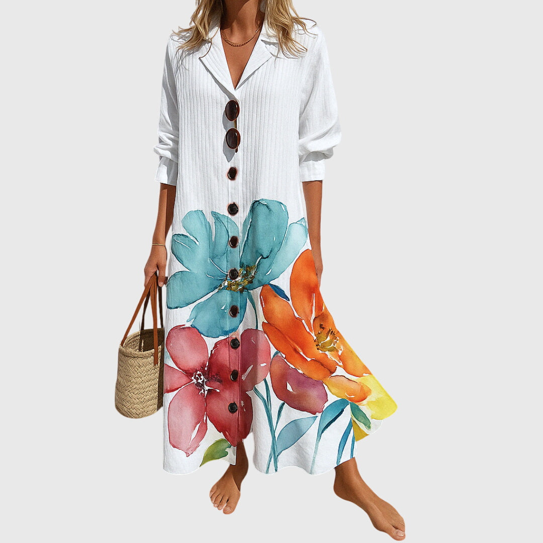 V-Neck Button Front Floral Print Short Sleeve A-Line Maxi Dress