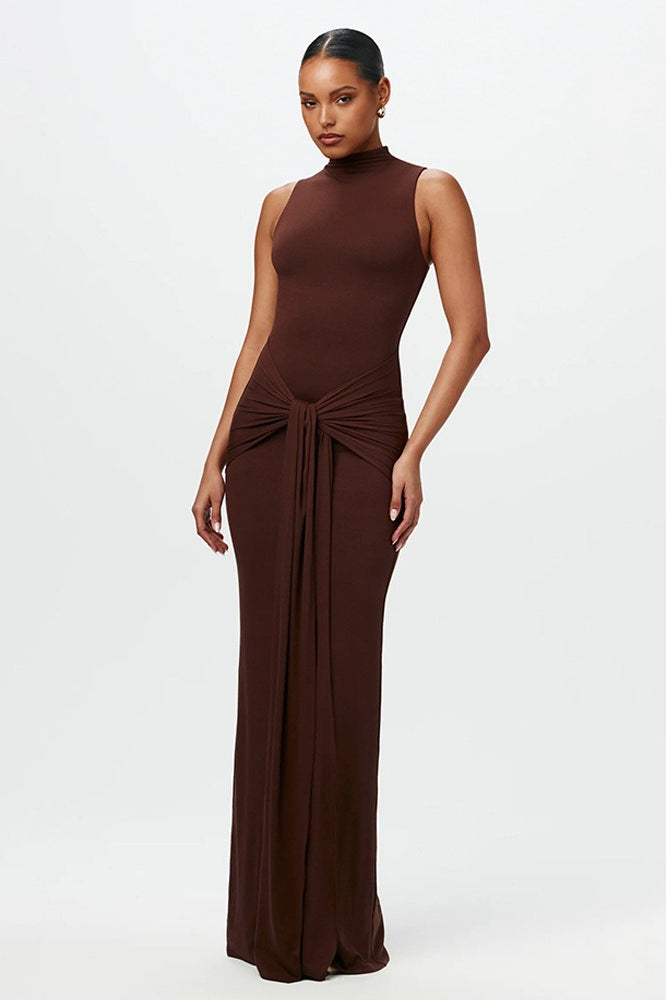 Solid Crew Neck Sleeveless Tie Bodycon Party Dress
