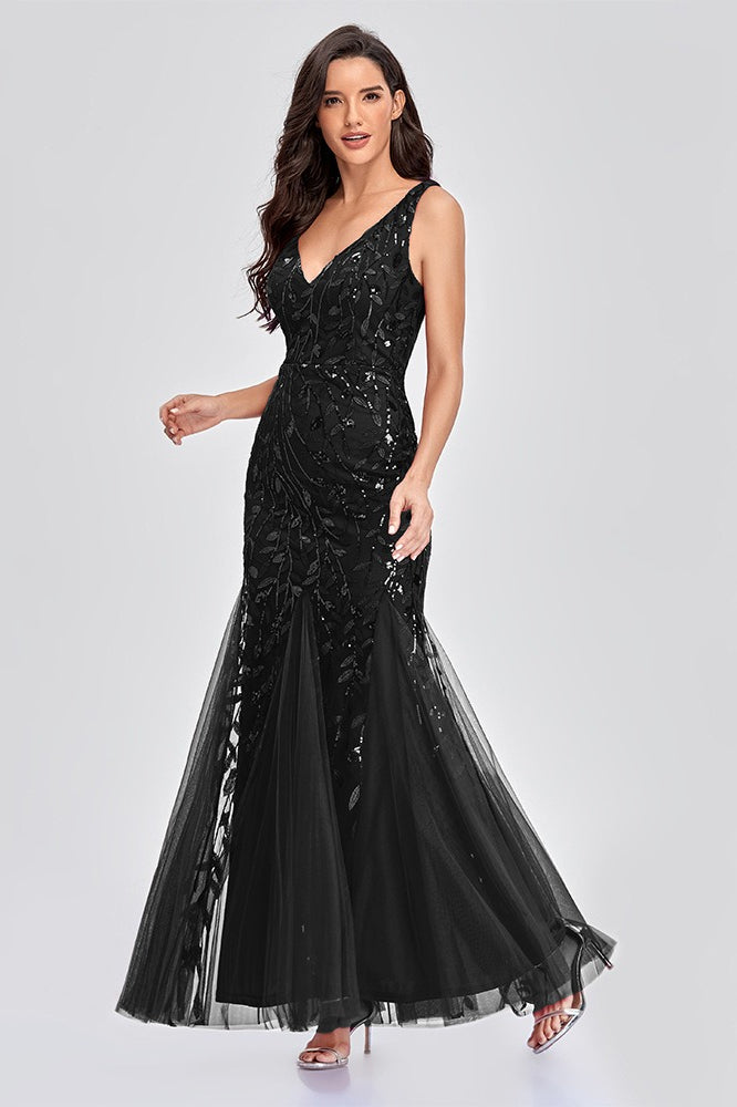 V Neck Sheer Embroidered Sequin Sexy Prom Dress