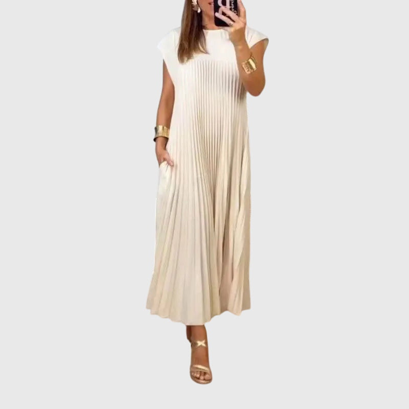 Round Neck Cap Sleeve Pleated A-Line Maxi Dress