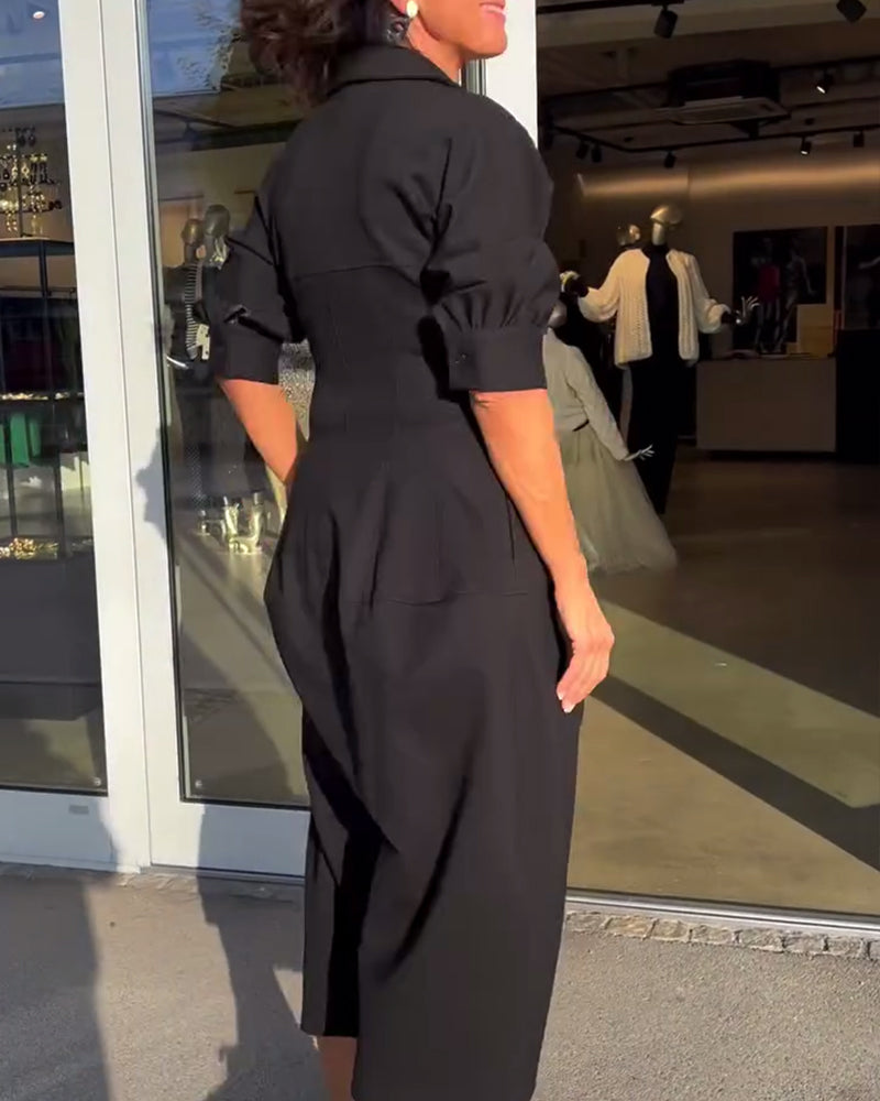 Black Collared V-Neck Puff Sleeve Pocket Cocoon Midi Dress 5