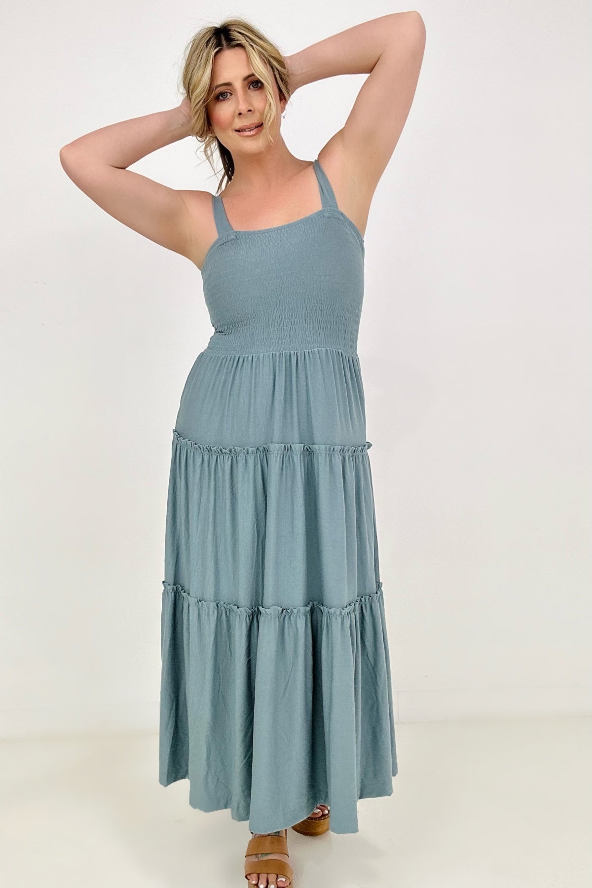 Square Neck Smocked Tiered A-Line Maxi Dress
